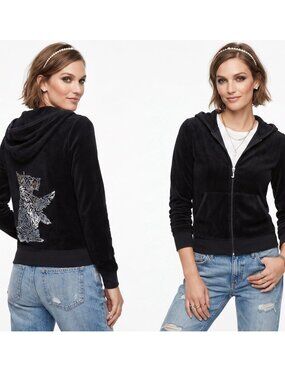 Vintage Juicy Couture Black Terry Jacket w Sequin Dog Terrier on Back | S/M
